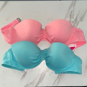 Pink and Blue Strapless bathing suit tops by Victoria Secret